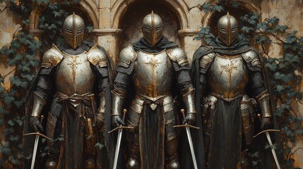 Fototapeta premium Shows three armored knights with swords, standing in front of an ivy-covered wall, exuding strength and vigilance