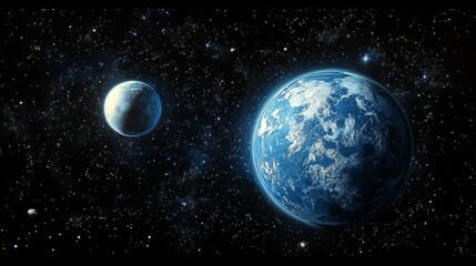 Fototapeta premium Shows two planets surrounded by numerous stars and glowing celestial objects in the vast, dark expanse of outer space