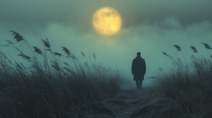 Silhouetted person stands in a misty field of tall grass, with a large, glowing moon illuminating the scene