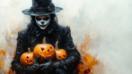 Sinister figure wearing a black hat and mask holds three Jack-o'-lanterns with glowing red eyes and eerie expressions