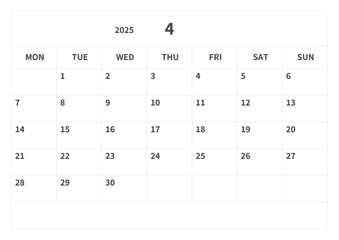 Simple calendar for April 2025, vector, template