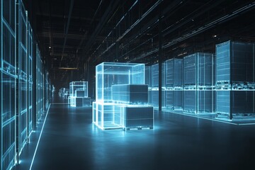 Futuristic warehouse design  holographic technology enhancing global logistics and storage precision