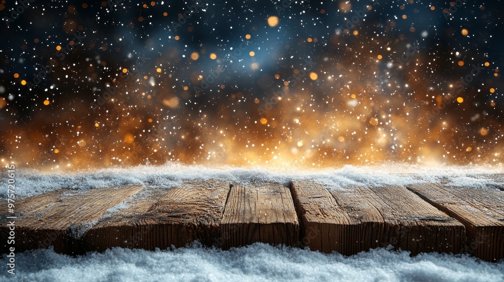 Poster snowy wooden surface appears in the foreground, with bokeh lights creating a festive and warm atmosp