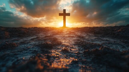 Solitary cross stands on rugged ground against a dramatic sky at sunrise, casting a serene and powerful silhouette
