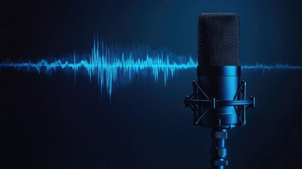 Professional microphone with blue audio wave.