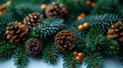 Christmas tree branches with cones, Christmas background 