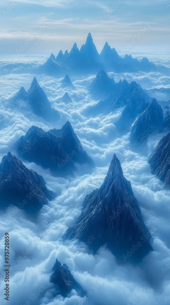 Poster stunning mountain range with peaks rising above a dense layer of clouds in a serene setting