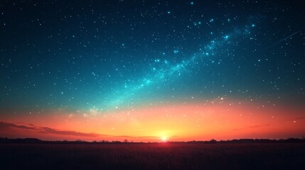 Obraz premium Stunning night sky with countless stars and a visible Milky Way, above a serene, vibrant sunset horizon on land