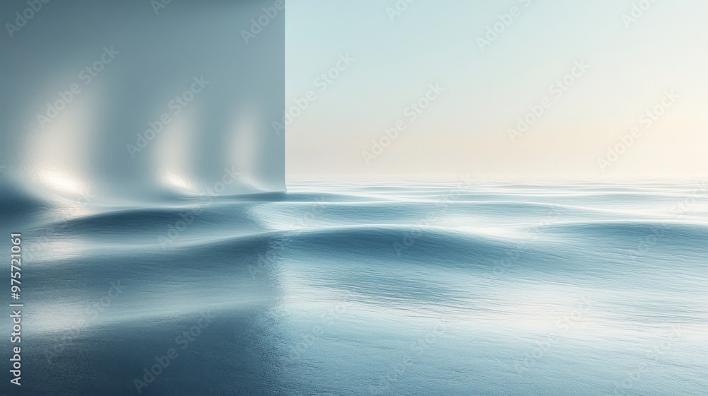 Poster surreal scene with gentle ocean waves merging seamlessly with a smooth, reflective vertical surface 