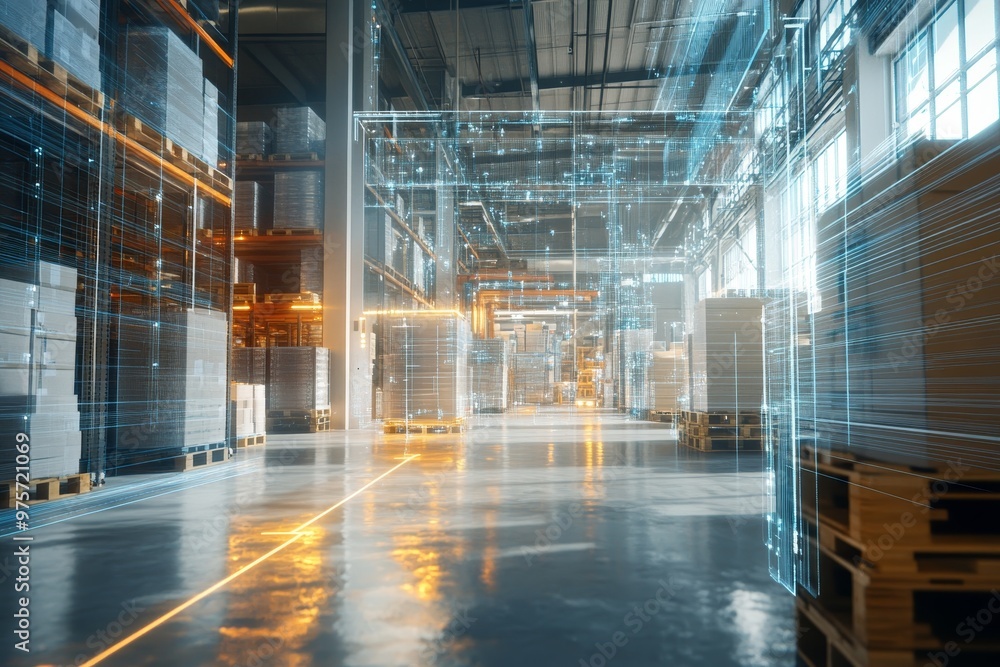 Poster dynamic digital rendering of an industrial warehouse with glowing holographic data flow visuals