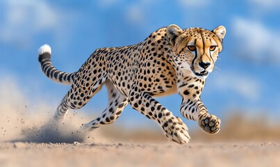 Fototapeta premium Sleek Cheetah Sprinting Across Grasslands, A powerful cheetah dashes gracefully over the vibrant green landscape, showcasing its speed and agility.