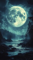 Surreal night scene depicts an enormous full moon illuminating a misty river surrounded by dark, silhouetted trees and rocky terrain