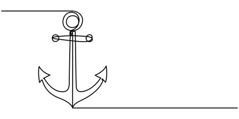Continuous line drawing of sea anchor, Large sea anchor of the ship. Set of sea ocean elements. Continuous one line drawing of anchor banner. Linear style, Continuous one line drawing of anchor banner © Line emotion