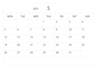 Simple calendar for May 2025, vector, template