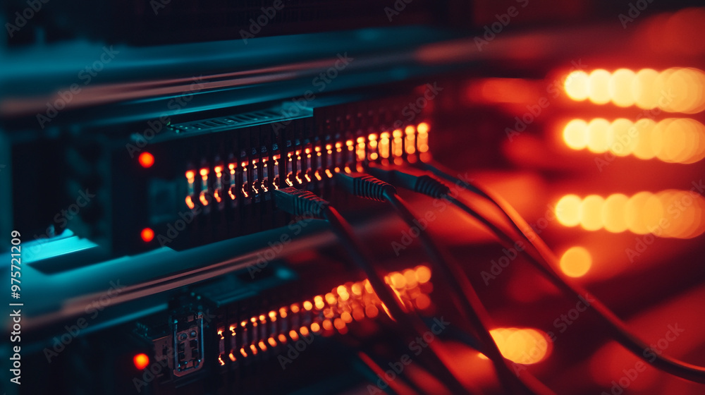 Poster wired network connections with glowing lights inside a server at a data center during the night