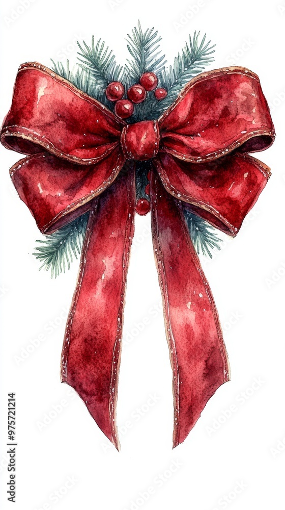 Poster this image depicts a festive red bow adorned with pine branches and red berries, creating a holiday-