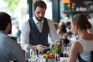Waiter is serving food to customers in a restaurant