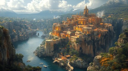 Fototapeta premium This image depicts a majestic, golden-lit city built on a cliffside surrounded by lush landscape and river, with boats nearby
