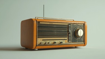 Fototapeta premium Vintage wooden radio with an antenna on a white background.