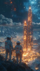 Two astronauts stand on a cliff overlooking a futuristic, illuminated cityscape set against a starry night sky with mountains