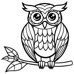 Owl perched on a branch, with intricate feather patterns and big, expressive eyes vector