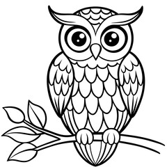 Owl perched on a branch, with intricate feather patterns and big, expressive eyes vector