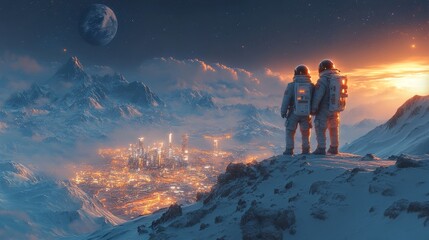 Two astronauts stand on a snowy mountain, overlooking a futuristic city with bright lights as a planet looms in the sky