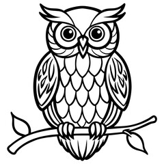 Owl perched on a branch, with intricate feather patterns and big, expressive eyes vector