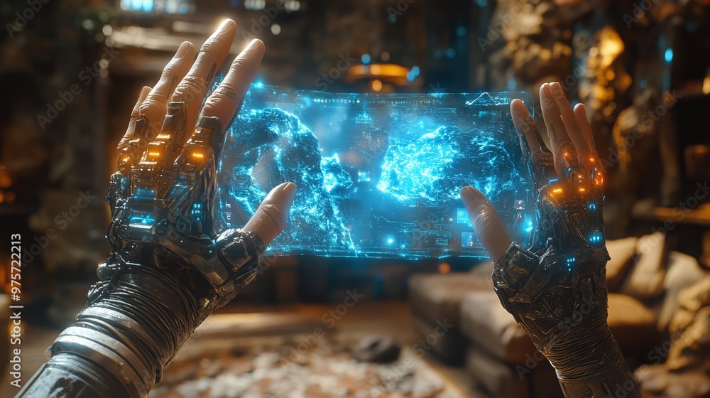 Poster two robotic hands hold a futuristic, transparent digital screen displaying a glowing blue map in a h