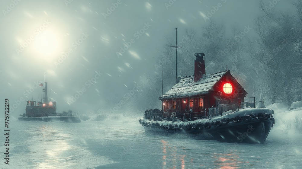 Poster two small boats with illuminated cabins float in a misty, snowy, winter landscape, creating a serene