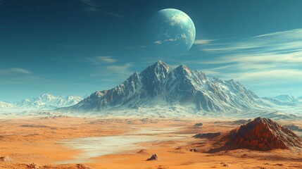 Vast, alien desert landscape with rugged mountains and a distant planet visible in the sky