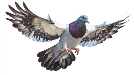 Fototapeta premium A graceful pigeon takes flight in a clear sky showcasing its striking plumage and wingspan