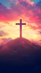 A cross atop the hill with a beautiful sunrise in the background, an Easter-themed background with copy space for text