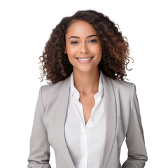 Professional Smiling Businesswoman With Curly Hair Wearing A Light Grey Blazer