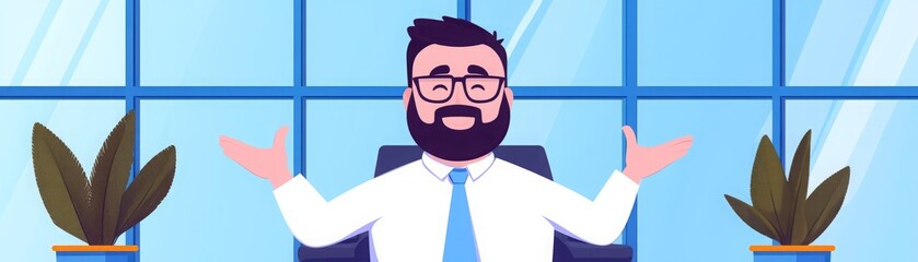 Cheerful businessman smiles while presenting ideas in a modern office setting, showcasing professional confidence and positivity.