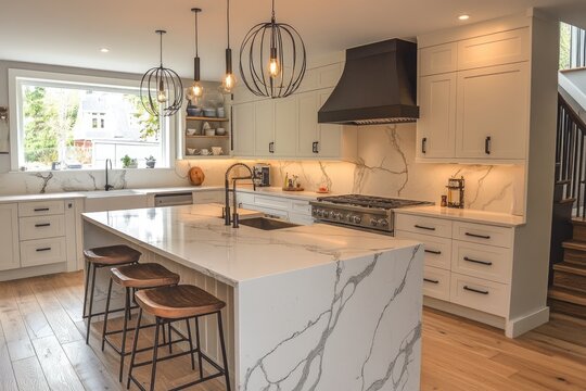 Modern farmhouse kitchen featuring white shaker cabinets and marble countertops