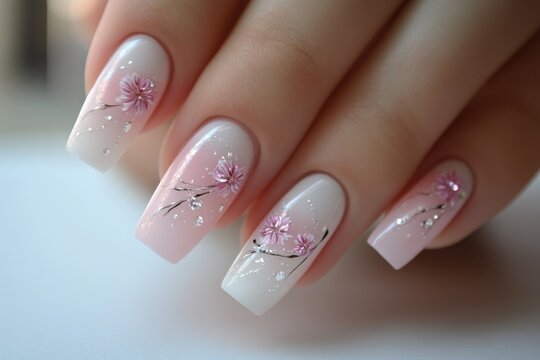 Woman showing beautiful pink ombre nails with spring flower design