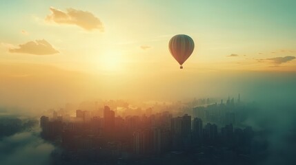 Hot Air Balloon Soaring Over a Foggy Cityscape at Sunrise