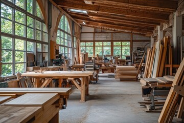Large woodworking shop with nobody in sight showing tools and lumber