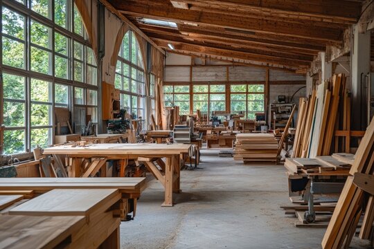 Large woodworking shop with nobody in sight showing tools and lumber