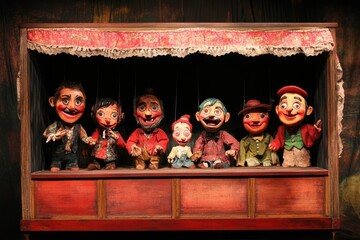 Seven puppets standing on stage in an empty vintage wooden puppet theater