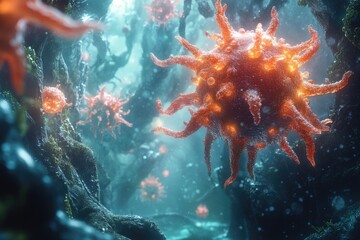 Microscopic view of virus cells floating through body system