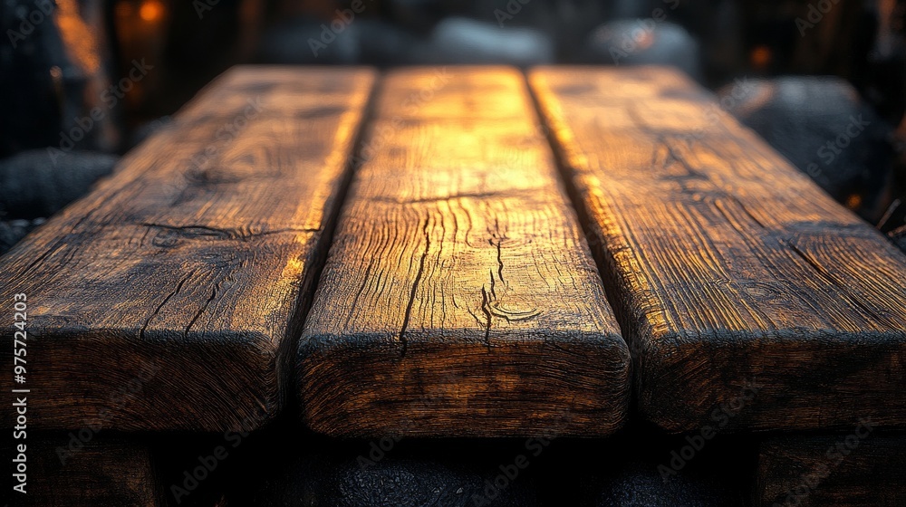 Poster wooden table with rugged texture, illuminated by a warm light, creating a rustic and cozy atmosphere