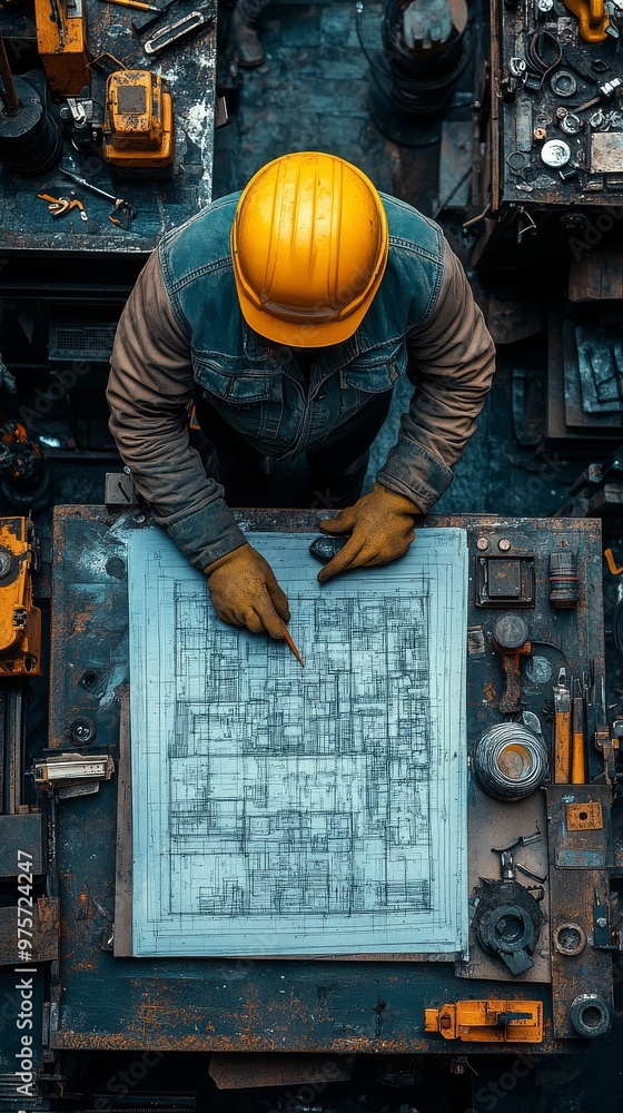 Poster worker wearing a yellow hard hat and gloves is examining blueprints on a cluttered workbench in an i