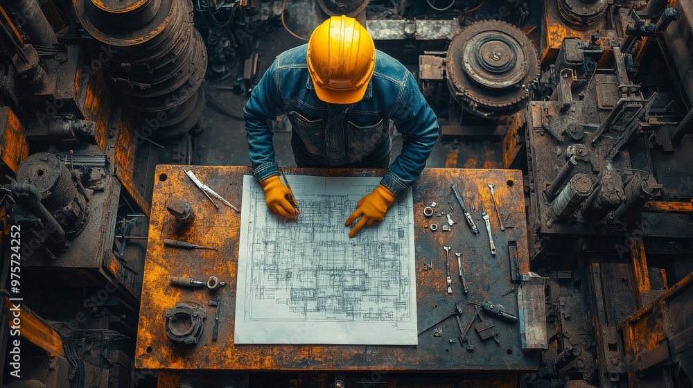 Poster worker in a factory studies a blueprint on a cluttered workbench, surrounded by various tools and ma