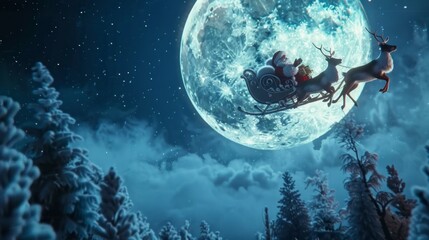 A reindeer is pulling Santa Claus on a sleigh through the night sky