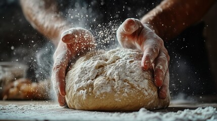 Obraz premium Close-up of a baker's hands kneading dough, with flour dusted on top and drifting in the air.