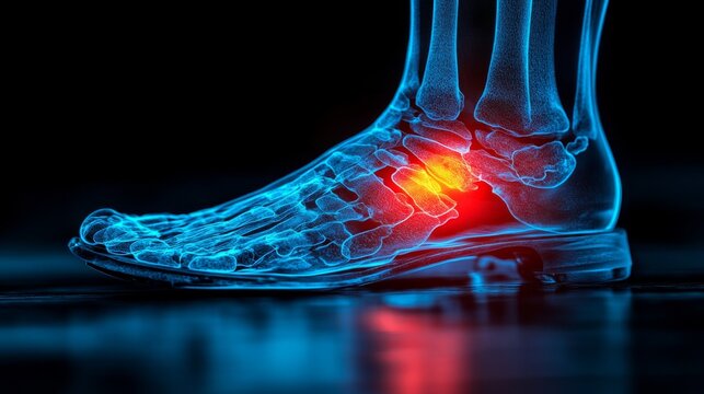 X-ray of a foot, highlighting a potential injury or issue in the midfoot area with a red glow
