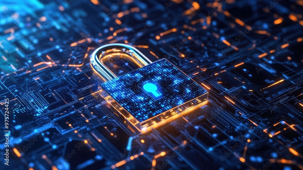 Poster a padlock symbolizing cybersecurity on a technological background, emphasizing secure data transmiss