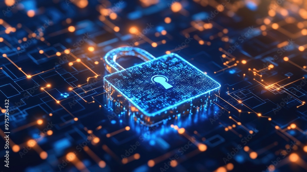 Poster a padlock symbolizing cybersecurity on a technological background, emphasizing secure data transmiss